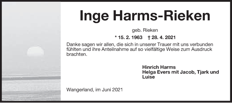  Traueranzeige für Inge Harms-Rieken vom 12.06.2021 aus Anzeiger für Harlingerland