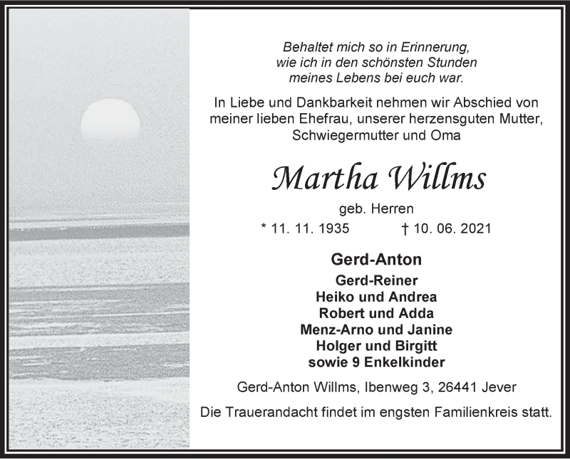  Traueranzeige für Martha Willms vom 12.06.2021 aus Anzeiger für Harlingerland