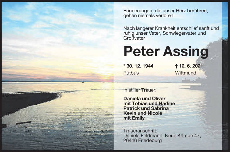  Traueranzeige für Peter Assing vom 15.06.2021 aus Anzeiger für Harlingerland