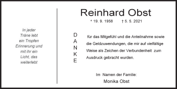 Traueranzeige von Reinhard Obst von Anzeiger für Harlingerland