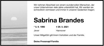 Traueranzeige von Sabrina Brandes von Wilhelmshavener Zeitung