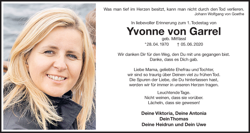  Traueranzeige für Yvonne von Garrel vom 05.06.2021 aus Wilhelmshavener Zeitung