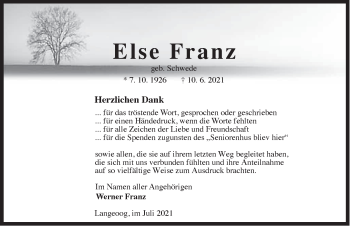 Traueranzeige von Else Franz von Anzeiger für Harlingerland