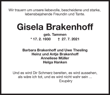 Traueranzeige von Gisela Brakenhoff von Wilhelmshavener Zeitung