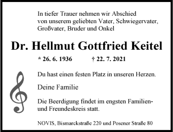 Traueranzeige von Hellmut Gottfried Keitel von Wilhelmshavener Zeitung
