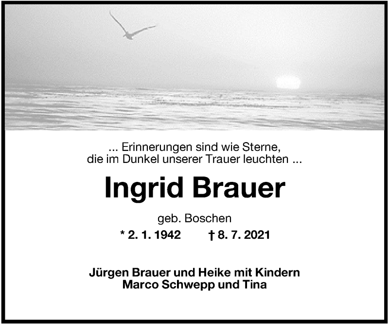  Traueranzeige für Ingrid Brauer vom 13.07.2021 aus Wilhelmshavener Zeitung