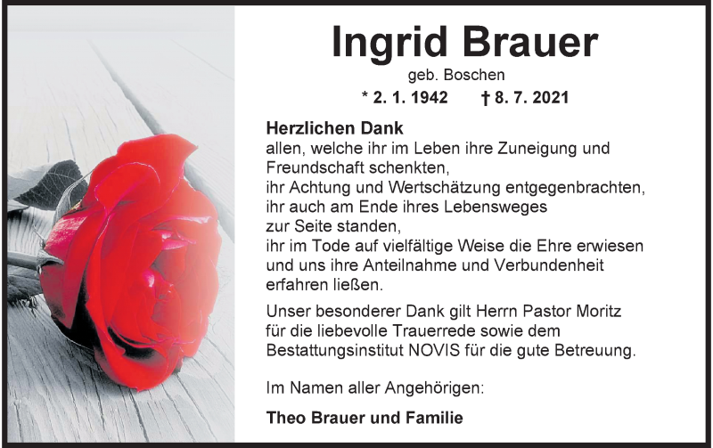  Traueranzeige für Ingrid Brauer vom 31.07.2021 aus Wilhelmshavener Zeitung