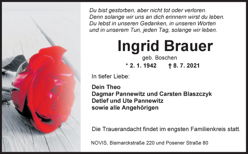  Traueranzeige für Ingrid Brauer vom 10.07.2021 aus Wilhelmshavener Zeitung