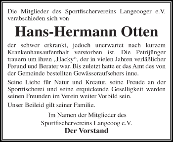 Traueranzeige von Hans-Hermann Otten von Anzeiger für Harlingerland