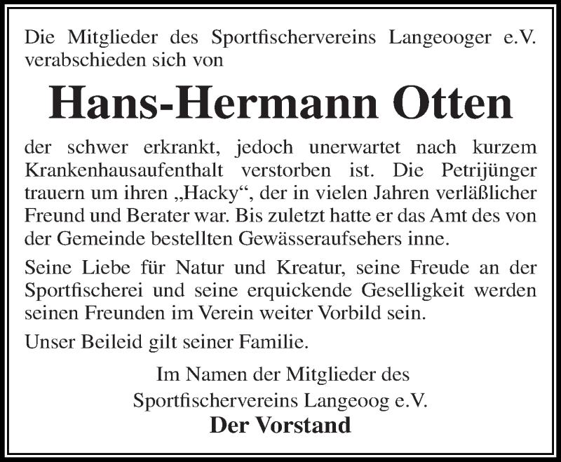  Traueranzeige für Hans-Hermann Otten vom 25.08.2021 aus Anzeiger für Harlingerland