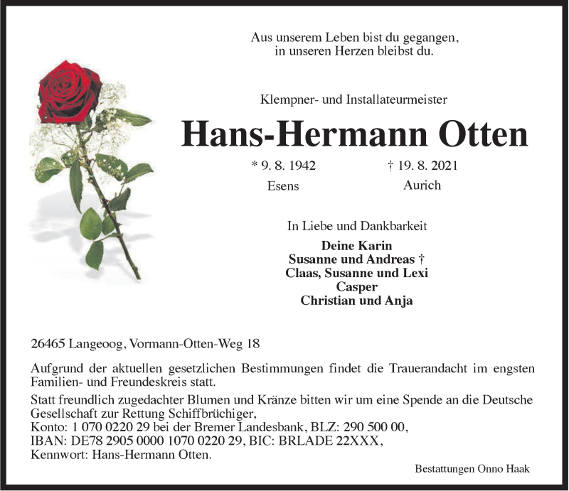  Traueranzeige für Hans-Hermann Otten vom 21.08.2021 aus Anzeiger für Harlingerland