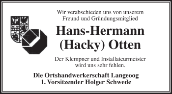 Traueranzeige von Hans-Hermann Otten von Anzeiger für Harlingerland