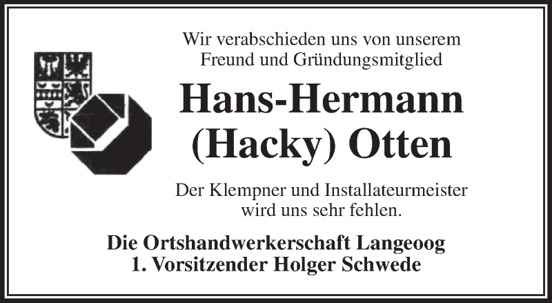  Traueranzeige für Hans-Hermann Otten vom 25.08.2021 aus Anzeiger für Harlingerland