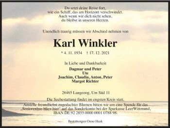 Traueranzeige von Karl Winkler von Anzeiger für Harlingerland
