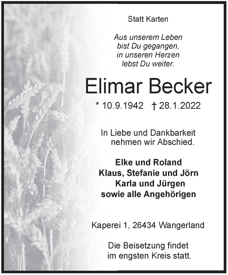  Traueranzeige für Elimar Becker vom 31.01.2022 aus Anzeiger für Harlingerland