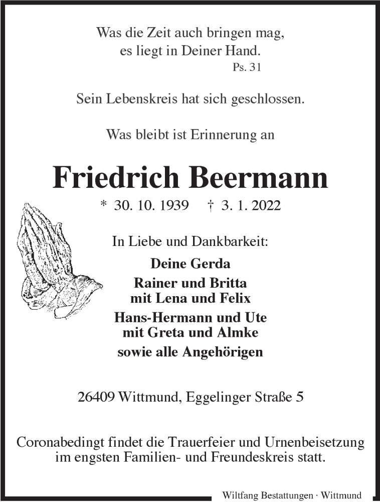 Traueranzeigen von Friedrich Beermann | nordwest-trauer.de