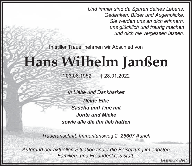  Traueranzeige für Hans Wilhelm Janßen vom 31.01.2022 aus Anzeiger für Harlingerland