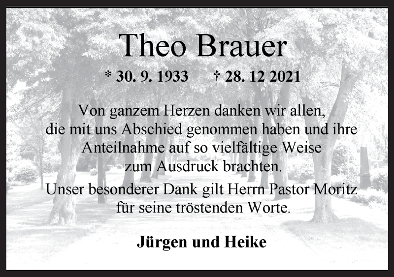  Traueranzeige für Theo Brauer vom 22.01.2022 aus Wilhelmshavener Zeitung