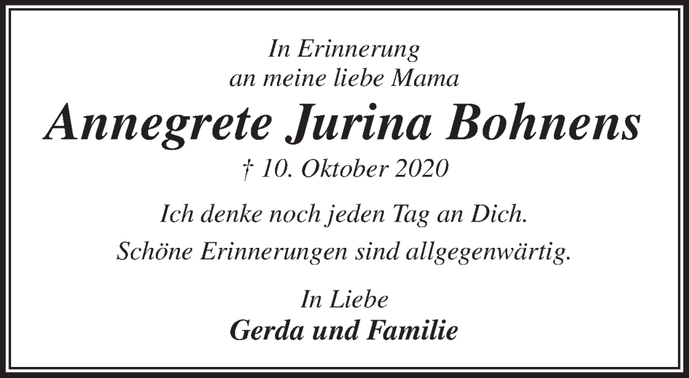  Traueranzeige für Annegrete Jurina Bohnens vom 10.10.2022 aus Anzeiger für Harlingerland