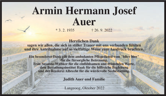 Traueranzeige von Armin Auer von Anzeiger für Harlingerland
