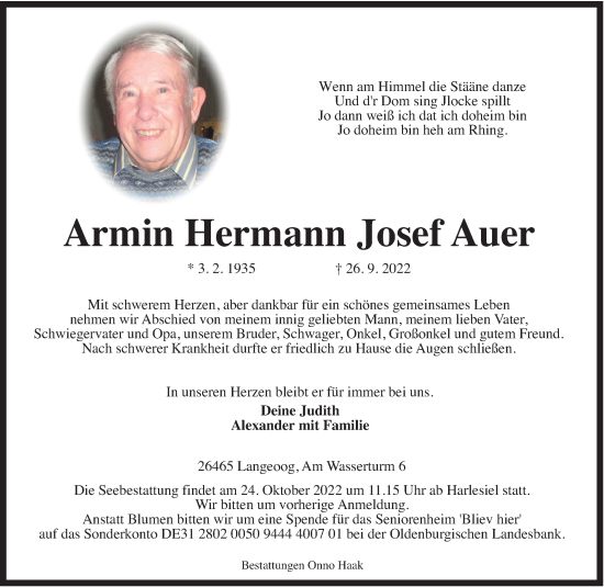 Traueranzeige von Armin Hermann Josef Auer von Anzeiger für Harlingerland
