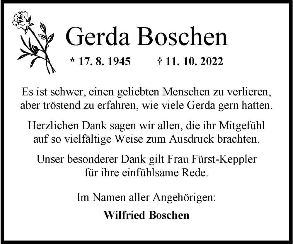  Traueranzeige für Gerda Boschen vom 29.10.2022 aus Wilhelmshavener Zeitung
