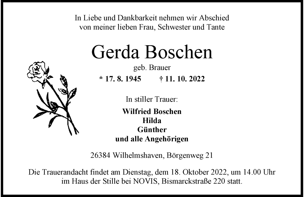  Traueranzeige für Gerda Boschen vom 15.10.2022 aus Wilhelmshavener Zeitung