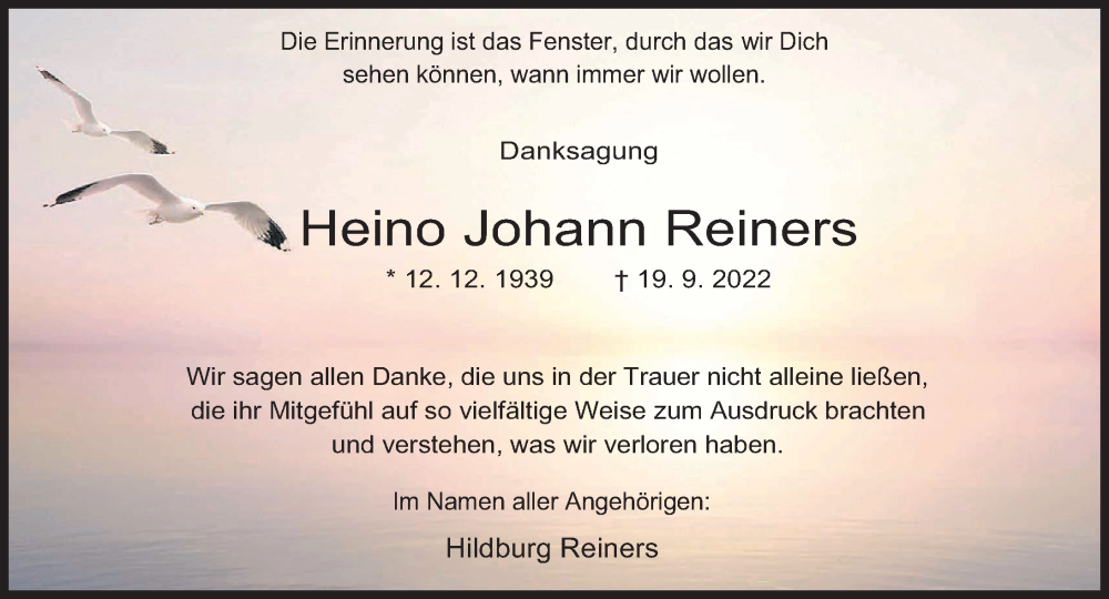  Traueranzeige für Heino Reiners vom 15.10.2022 aus Anzeiger für Harlingerland