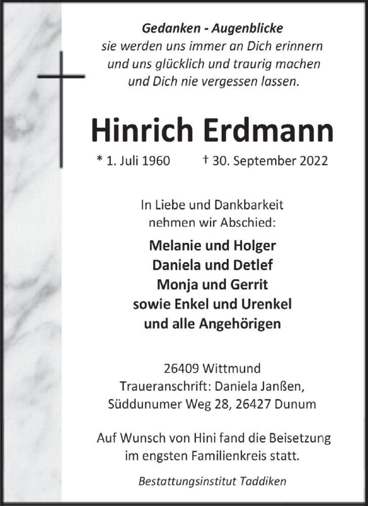  Traueranzeige für Hinrich Erdmann vom 08.10.2022 aus Anzeiger für Harlingerland