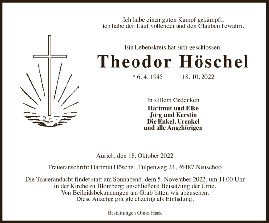 Traueranzeige von Theodor Höschel von Anzeiger für Harlingerland