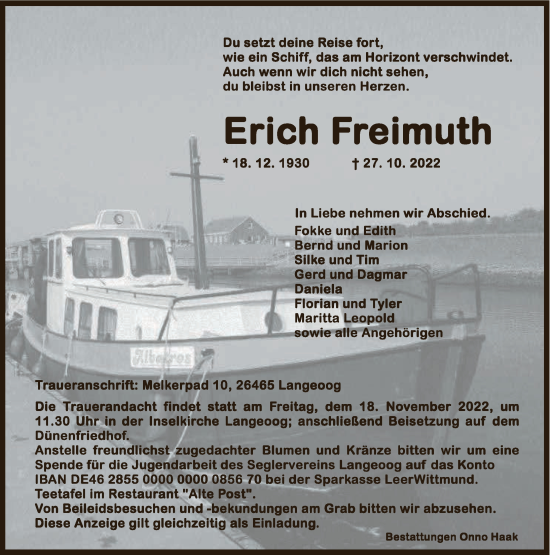 Traueranzeige von Erich Freimuth von Anzeiger für Harlingerland