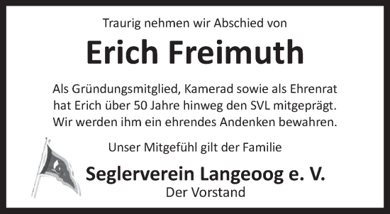 Traueranzeige von Erich Freimuth von Anzeiger für Harlingerland