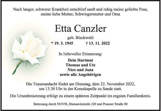 Traueranzeigen Von Etta Canzler | Nordwest-trauer.de