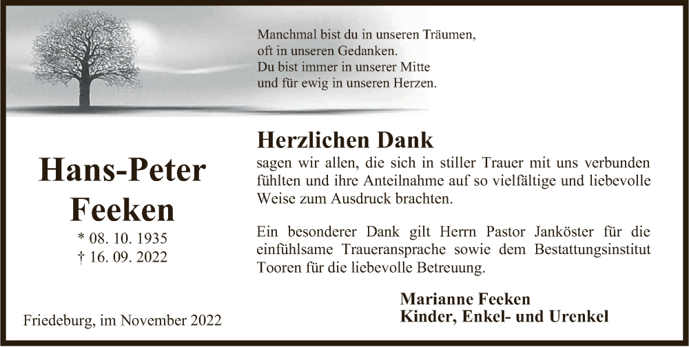  Traueranzeige für Hans-Peter Feeken vom 26.11.2022 aus Anzeiger für Harlingerland
