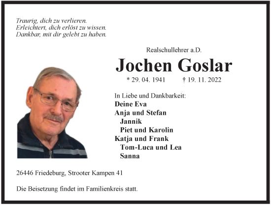 Traueranzeige von Jochen Goslar von Anzeiger für Harlingerland
