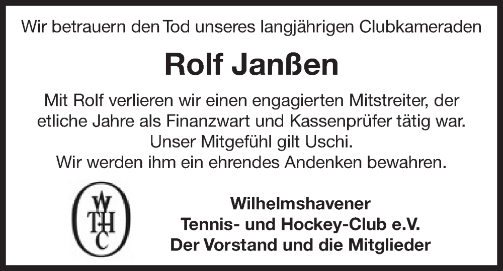  Traueranzeige für Rolf Janßen vom 19.11.2022 aus Wilhelmshavener Zeitung