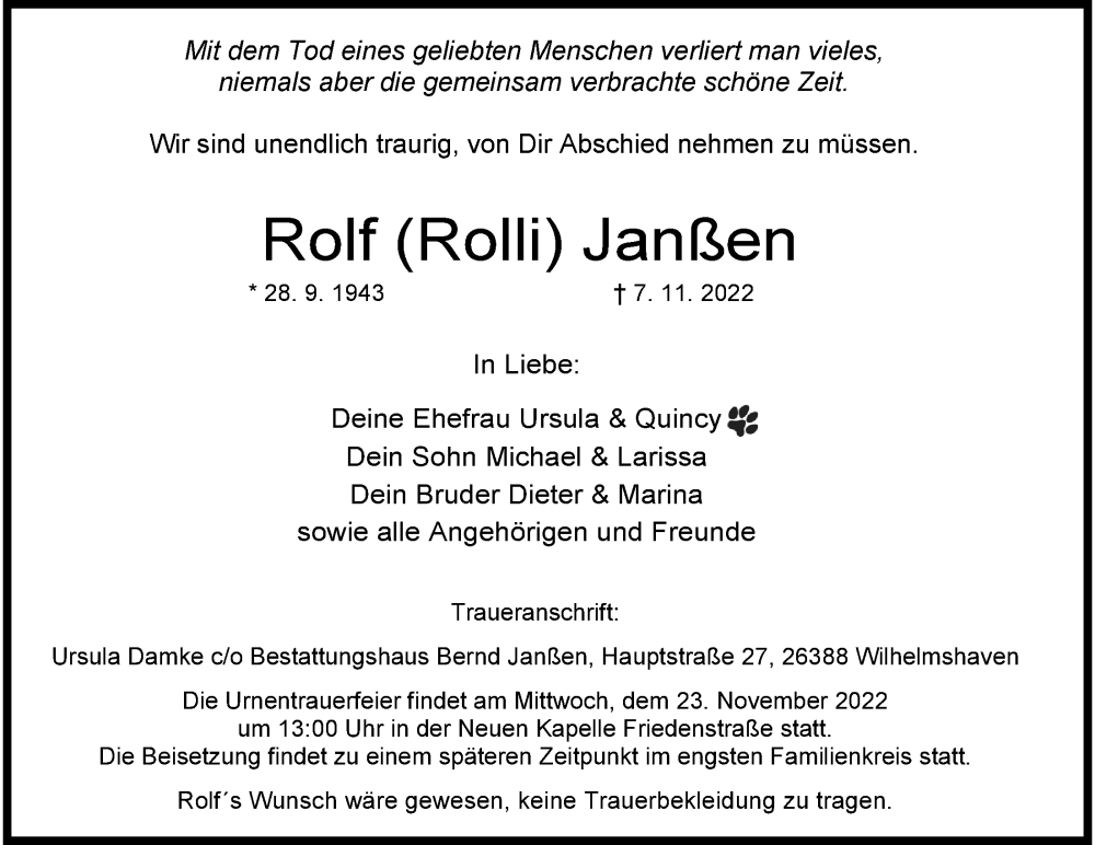  Traueranzeige für Rolf Janßen vom 19.11.2022 aus Wilhelmshavener Zeitung