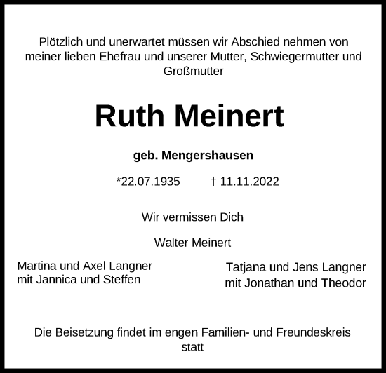 Traueranzeige von Ruth Meinert von Wilhelmshavener Zeitung