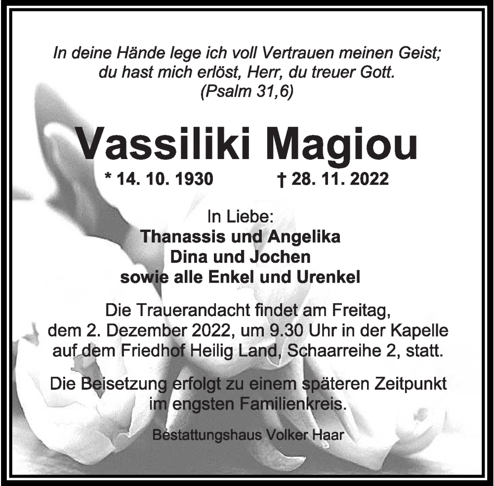  Traueranzeige für Vassiliki Magiou vom 30.11.2022 aus Wilhelmshavener Zeitung