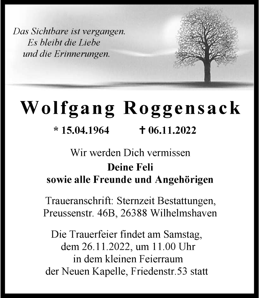  Traueranzeige für Wolfgang Roggensack vom 19.11.2022 aus Wilhelmshavener Zeitung