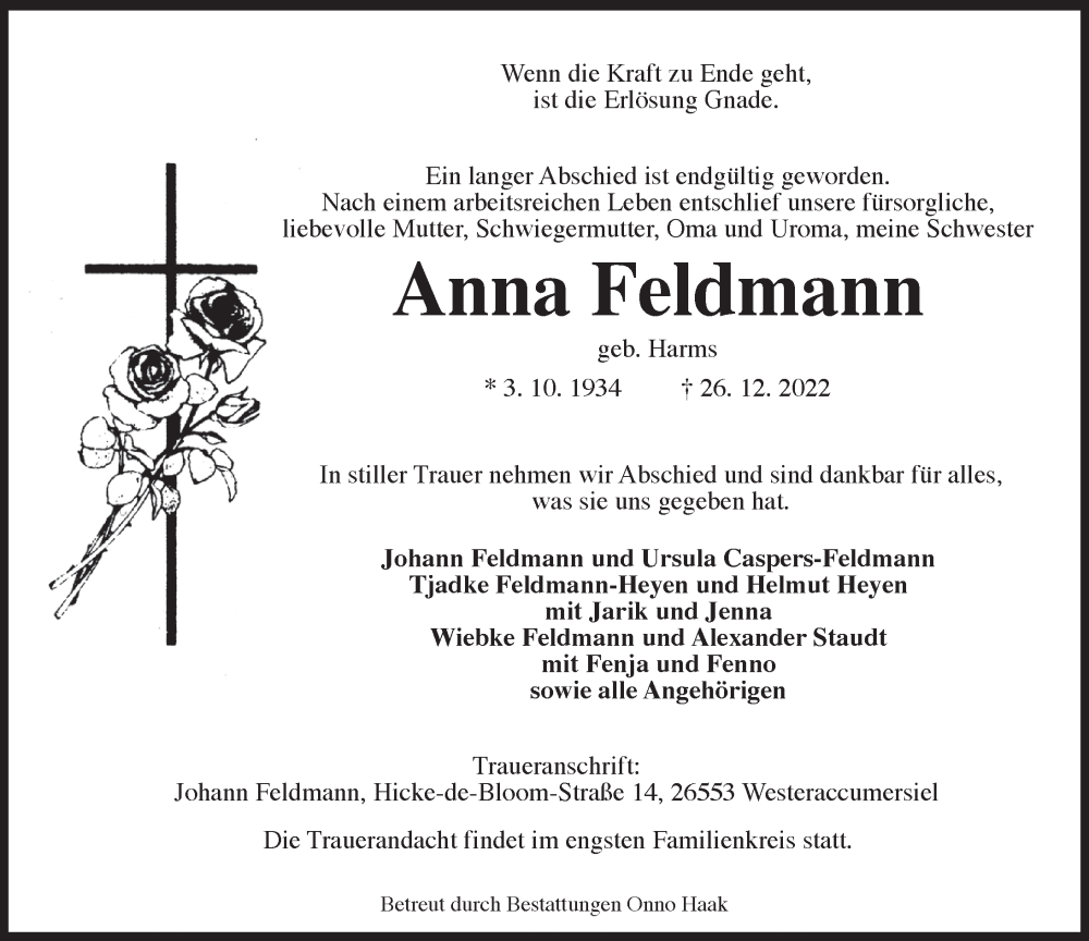  Traueranzeige für Anna Feldmann vom 28.12.2022 aus Anzeiger für Harlingerland