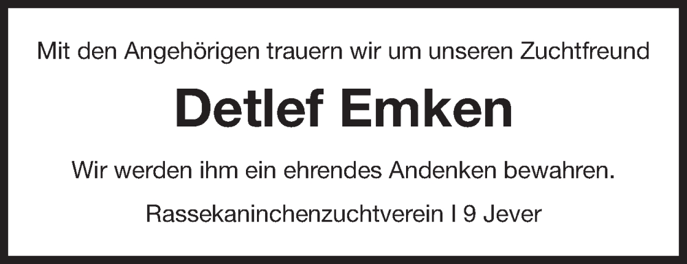  Traueranzeige für Detlef Emken vom 10.12.2022 aus Anzeiger für Harlingerland