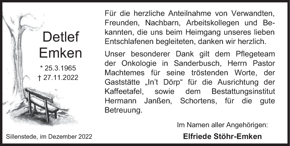  Traueranzeige für Detlef Emken vom 31.12.2022 aus Anzeiger für Harlingerland