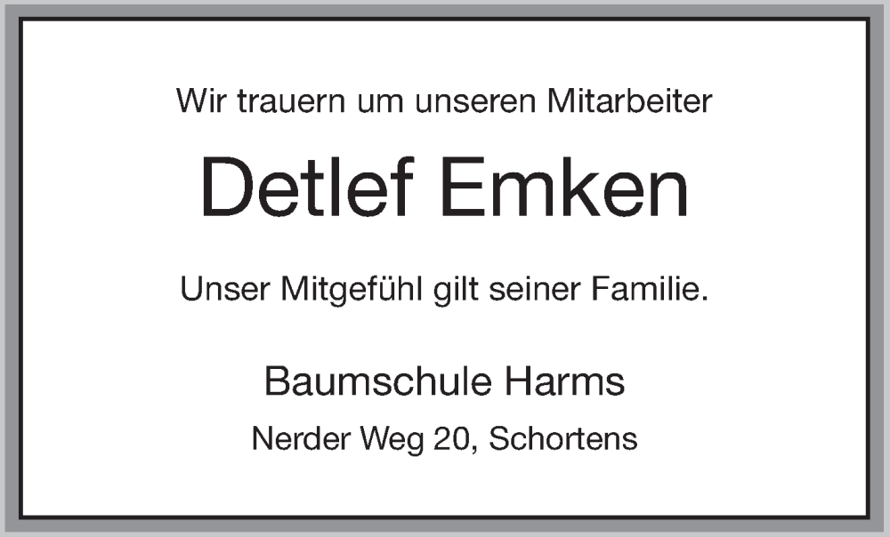  Traueranzeige für Detlef Emken vom 10.12.2022 aus Anzeiger für Harlingerland