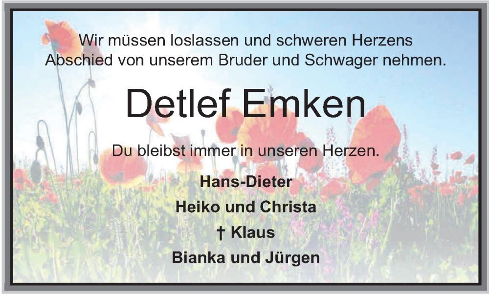  Traueranzeige für Detlef Emken vom 10.12.2022 aus Anzeiger für Harlingerland