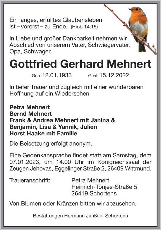Traueranzeige von Gottfried Gerhard Mehnert von Anzeiger für Harlingerland