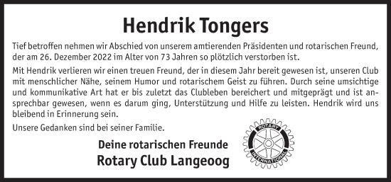 Traueranzeige von Hendrik Tongers  von Anzeiger für Harlingerland