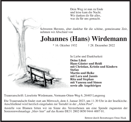 Traueranzeige von Johannes Wirdemann von Anzeiger für Harlingerland