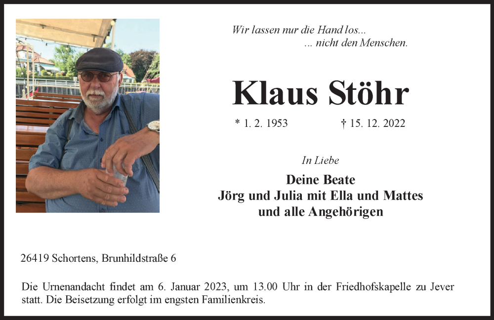  Traueranzeige für Klaus Stöhr vom 19.12.2022 aus Anzeiger für Harlingerland