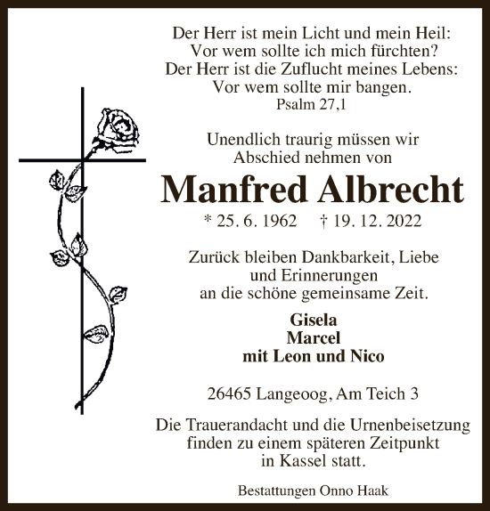 Traueranzeige von Manfred Albrecht von Anzeiger für Harlingerland